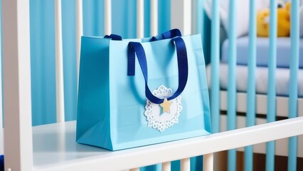 A blue bag with a star on it sits on a shelf next to a crib