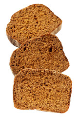 Three slices of fresh dark bread on white background in sunlight close up. Isolated
