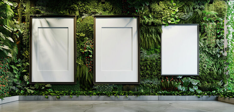 An avant-garde gallery that utilizes biophilic design principles, with empty frame mockups hung on walls that are alive with vertical gardens.
