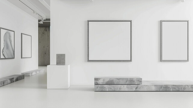 An avant-garde white art gallery, where empty blank mock-up posters are displayed in frames of a cool, slate grey. 