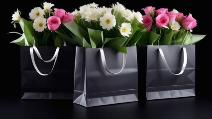 Three black flower bags with white handles and floral designs. The bags are filled with flowers and are arranged in a row