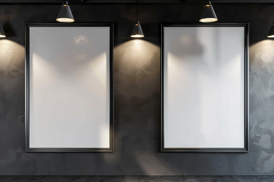 A duo of large, rectangular mockup frames on a muted charcoal gray wall, lit by overhead spotlights. 