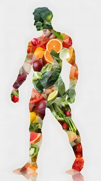 The image depicts a human figure created using various fruits and vegetables. This creative artwork showcases the diversity of produce available