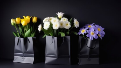 Three black flower bags with yellow, white and blue flowers. The bags are arranged in a row on a black background