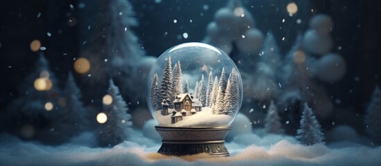 A snow globe depicting a snowy forest is placed in front of a skyscraper surrounded by electric blue winter skies, creating a beautiful art scene