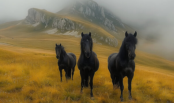 beautiful horses in a impressive beath taking landscape, generative ai