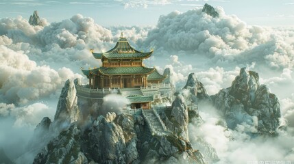 Fantasy landscape with mountains and ancinent architecture - obrazy, fototapety, plakaty