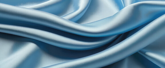 Blue wave swirl silk background, smooth satin texture with drapery. Light blue color flow, realistic. - obrazy, fototapety, plakaty