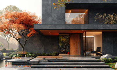 Modern house exterior design, black concrete walls, orange tree with leaves on the left side of facade, wooden door and windows, water pond in front yard. Created with Ai