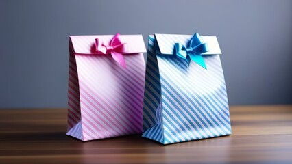 Fototapeta premium Two pink and blue gift bags with ribbons on them. The pink bag is on the left and the blue bag is on the right