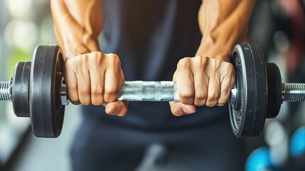 Man holding dumbbell in gym, flexing wrist and thumb - obrazy, fototapety, plakaty