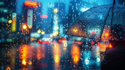 Person with umbrella on rainy night.