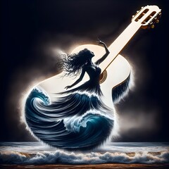 A surreal double exposure portrays a woman with a flowing hair and dress merging into the shape of a guitar amidst an ocean wave - 770974431
