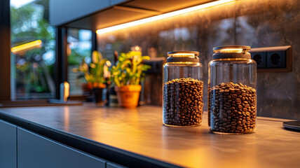 Glass jars with coffee beans on kitchen counter