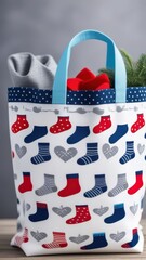 A colorful bag with a pattern of socks on it. The bag is on a blue background. The socks are in different colors and patterns, and they are arranged in a way that they look like they are standing up