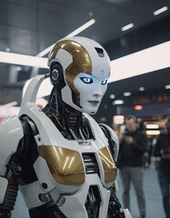 Icona dell'evoluzione: robot umanoide riflette il progresso dell'IA che plasma il nostro futuro tecnologico. - obrazy, fototapety, plakaty