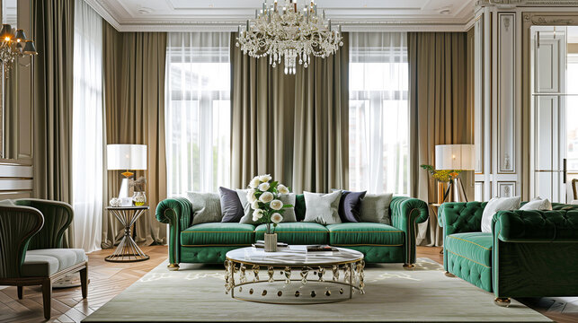 Interior of a classic hall room, in emerald and gold shades