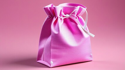 A pink bag with a white ribbon tied around it