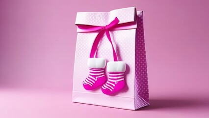 A pink and white baby gift bag with pink ribbon and pink baby socks