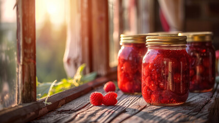 Jars of raspberry preserves on a shelf - obrazy, fototapety, plakaty