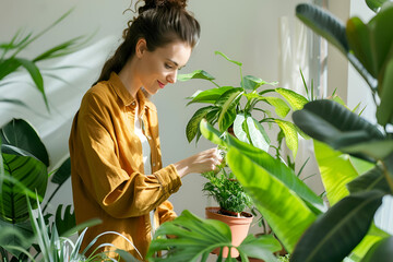 Young woman taking care of home plants - obrazy, fototapety, plakaty