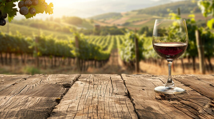 A glass of red wine is on a wooden table in a vineyard