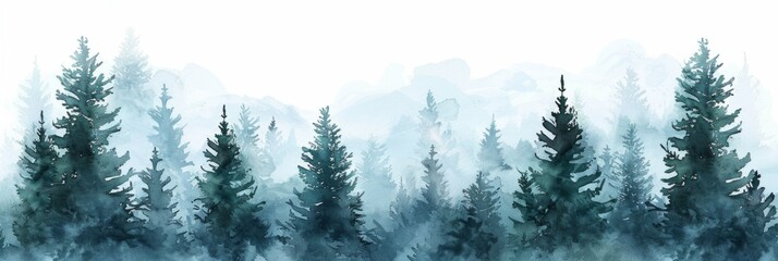 watercolor border of misty pine trees, creating an ethereal and dreamlike effect on the edges of your design project Generative AI