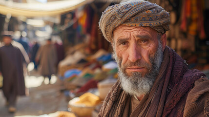 Elderly man in market setting.