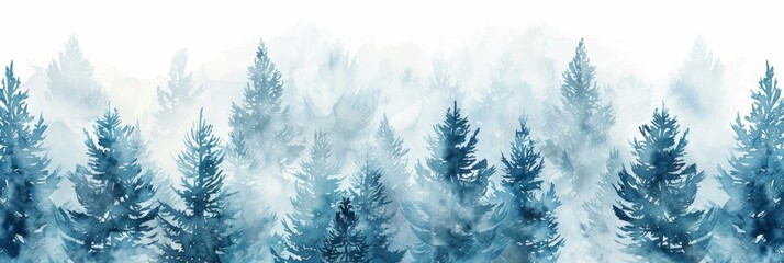 pattern of watercolor pine trees in the fog, with a white background The color palette is soft blue and grey, creating an ethereal atmosphere Generative AI