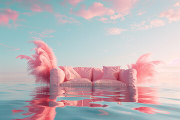 Pink sofa with fluffy cushions floating on water.