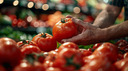 A person selecting tomatoes at a market.