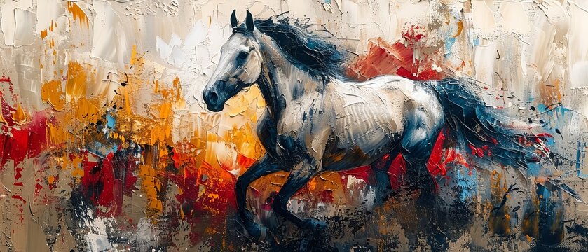 An abstract painting, metal elements, textures, plants, animals, and horses