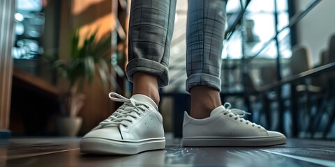 Closeup of stylish sneakers paired with joggers and a tailored blazer showcasing the versatility of athleisure fashion. Concept Athleisure Fashion, Sneakers Styling, Joggers and Blazer - obrazy, fototapety, plakaty