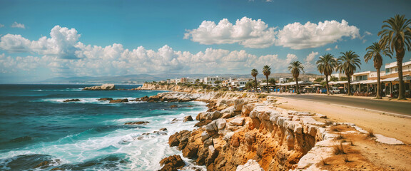 View of coastline of Cyprus beach. - obrazy, fototapety, plakaty