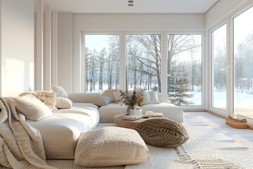 White living room with sofa and windows. Interior design of modern home decor. Bright natural light from large window, winter outside