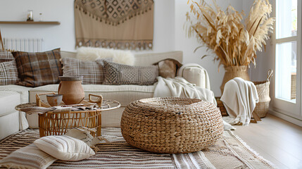 
The stylish boho compostion at living room interior with design beige sofa, coffee table, stool wicker baskets and personal accessories. Brown and white pillows and plaid