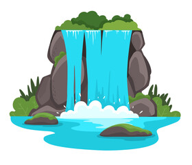 Waterfall. Gaming platform, cartoon forest landscape, 2d user interface design for computer or mobile phone. Bright waterfall with stones and vegetation.