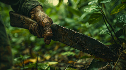 Close-up of a machete cutting through the jungle. - obrazy, fototapety, plakaty