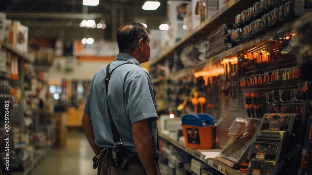 Poster hardware store worker enjoying inventory check
