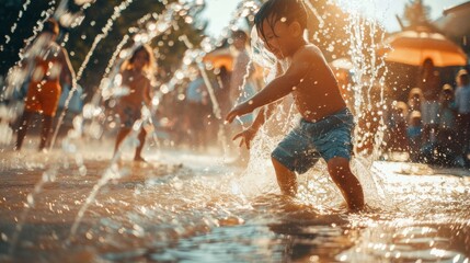 Adorable children playing and splashing water together in Songkran Festival