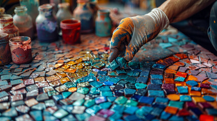 Close-up of hands placing mosaic tiles - obrazy, fototapety, plakaty