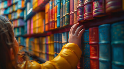 Young girl reaching for a book on shelf