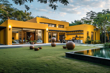 An elegant dwelling with a bright yellow exterior, set within a beautifully landscaped lawn including sculptural elements. The home is designed with energy-saving materials, an infinity pool, 