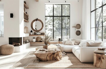 White modern living room with a wood burning fireplace, large windows and comfortable sofas