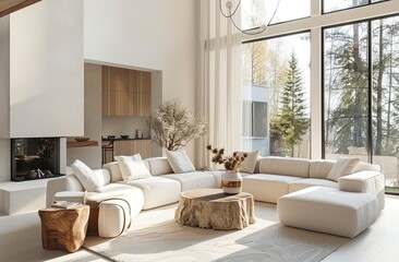 White modern living room with a wood burning fireplace, large windows and comfortable sofas