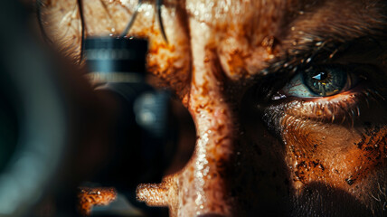 Close-up of a soldier's face with war paint.