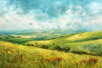 Obraz premium A painting of a field with a blue sky and a few trees