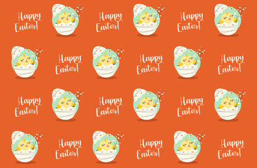 Vector design of Easter pattern of cute Easter chick on orange background