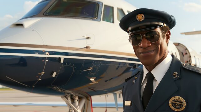 African American male pilot in uniform in sunglasses. With sunlit skies as his backdrop, he showcases the beauty of diversity and the strength of perseverance.