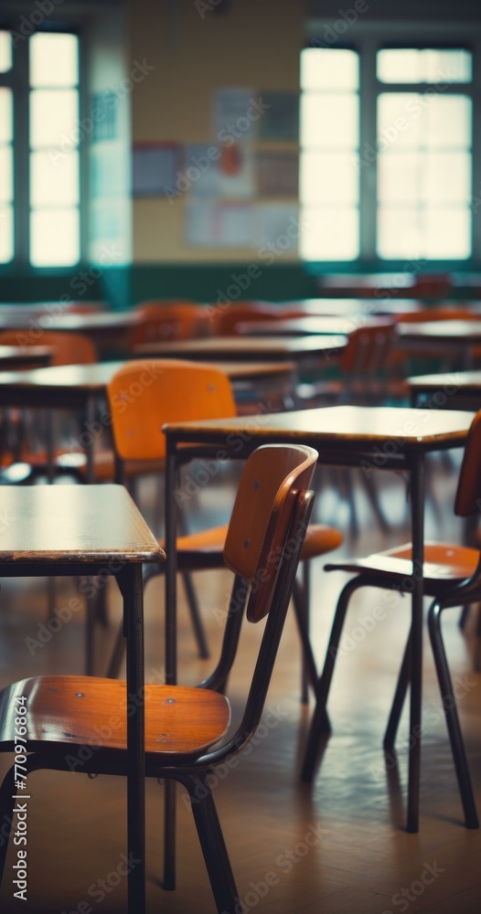 Poster empty classroom with chairs and desks. generative ai.